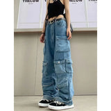 Uniwim Multi-Pocket Blue Washed Jeans Cargo Pants Y2k Retro Streetwear Fashion High Waist Jeans Couple Harajuku Casual Wide Leg Pants