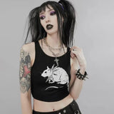 Uniwim Mouse Print Black Tank Goth Sexy Bodycon Cropped Tops Women Streetwear Harajuku O Neck Knitted Basic Tank Top