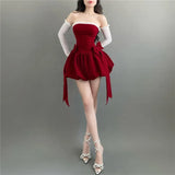 Sexy Bow Strapless Dresses Summer Women's Dress 2024 New Lace Slash Neck Solid Skinny High Waist Wrapped Chest Mini Dress Women