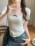 Uniwim Coquette Y2k Sexy Lace Cropped Knitted Top Women Sweet Girls  Slim Wrap Short Sleeve T-shirt 2024 Spring Summer