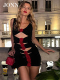 Uniwim Women's Sexy V-Neck Cutout Red 3D Flowers Black Mesh Tank Mini Cocktail Party Dress Nightclub Wear Elegant Evening Dress