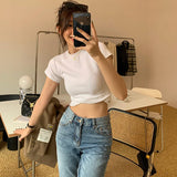 Uniwim 2024 New White T-shirt Women Short-sleeved Shoulder Thin Round Neck Pure Cotton Lay-up Crop Top Casual Puss Sexy Streetwear Y2k