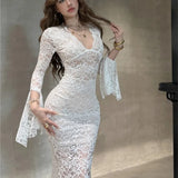 Uniwim Sexy Bodycon Lace Long Dresses for Women V-neck Flare Sleeves Slim Mermaid Evening Party Dress Club Prom Robe Ladies Vestidos