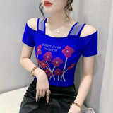 Runway Fashion European Women's Clothes Sexy Off Shoulder Letter Shiny Diamonds T-Shirts Luxury Brand Mesh Tees Tops Blouse