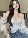 Uniwim Autumn Pink Sexy Elegant Blouse Women Ruffled Backless Korean Designer Tops Female Puff Sleeve Fashion Casual Blouse 2024 New