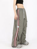 Uniwim Y2K Kpop Cargo Pant Women Drawstring Pockets Wide Leg Chic Punk Pants Baggy Striped Sports Sweatpants Parachute Jogger Trousers