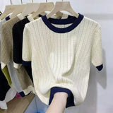 Uniwim Summer Korean Short Soft Knit Short Sleeved T-shirt Women's O-Neck Color Block Screw Thread Design Simple Versatile Sweater Top