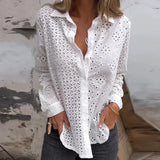 Uniwim Sexy Hollow Out Embroidery Crochet Blouses Women Spring Solid Long Sleeve Jacquard Top Summer Loose Single Breasted Lapel Shirt