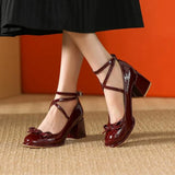 Uniwim Ladies Lolita Sweet Fashion Shoes Retro Cross-Tie Pumps Casual Summer Marry Janes Round Toe Shoes Woman Bow Design