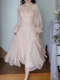 Uniwim 2024 Summer Pink Chiffon Vintage Fairy Dress Women Korean Style Elegant Party Midi Dress Female Court Retro Flare Sleeve Dresses