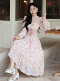 Uniwim 2024 Spring Pink Floral Elegant Dress Women Bandage Lace Print Sweet Vintage Dress Puff Sleeve Kawaii Dress Women Princess Fairy