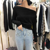 2024 Slim White Tshirt Black Red Woman T-shirt Sexy Plain Clothing Off Shoulder Top for Women Aesthetic Korea Stylish Funny Tee