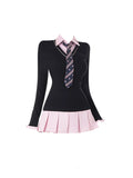 Uniwim Women Kpop Mini Black Pink Preppy Style Long Sleeve Shirts Dress With Tie Gyaru 2000s Aesthetic Japanese Y2k Girl One-Piece New