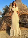 Sexy White Lace Women Dress Turtleneck Tassel Sleeve Slim Naked Waist Hollow Out Long Dress Summer Beach Female Knit Robe