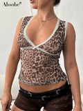 Uniwim  Lace Panel Bow Leopard Tank Top Women Sheer Mesh Slim Versatile Low Cut Crop Vest Hottie Y2K Summer Camisole Streetwear