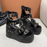 Uniwim Platform Shoes High Heels Sandals Summer Women's Trend Black Wedges Casual Lolita Anklets Gladiator Stylish Gothic Chain