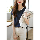 Summer Short Sleeve Versatile Patchwork Color Contrast Tshirt for Women's New French Slim Round Neck Fashionable Casual Tops