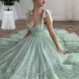 Uniwim Mint A-line Fairy Glitter Tulle Ankle Length Cocktail Dress Sweetheart Bow Straps Birthday Gown with Pockets WC9740