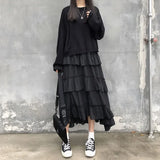 Uniwim Black Long Skirts Women Gothic High Low Ruched Ruffle High Waist Asymmetrical Midi Skirt Korean Fashion Fairy Grunge