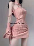 Uniwim Autumn Pink Knitted Suits Office Lady Casual Y2k Crop Tops + Mini Dress Korea Fashion Clothing Even Party 2 Piece Dress Set