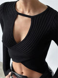 Tossy Knit Sweater Pullover For Women V-Neck Ribbed Long Sleeve Patchwork Hollow Out Cropped Top Slim Elegant Solid Knitwear Top