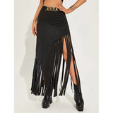 Uniwim  Tassel Punk Style Sexy Women Maxi Skirts Mall Gothic Grunge High Waist Long Skirt With Ring Belt Black Club Streetwear