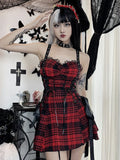 Uniwim Gothic Red Plaid Dress Women Streetwear Harajuku Emo Alt Lace Patchwork Bandage Corset Dress Y2k Cute Lolita Dress