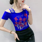 Runway Fashion European Women's Clothes Sexy Off Shoulder Letter Shiny Diamonds T-Shirts Luxury Brand Mesh Tees Tops Blouse