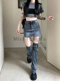 Uniwim Gothic Design Y2k Denim Patchwork Set Women Lace-up Short Skirt + Leg Warmer Jeans High Waist Elastic Casual Two Piece Sets 2024