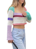 Uniwim Women Hollow Out Crochet Knit Crop Top Y2k Color Block Pullover Jumper Tops Long Sleeve Loose Tee Shirts 90S E Girl Streetwear