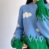 Uniwim Clouds Grass Sweater Retro O-Neck Short Versatile Knitted Jumpers Knitwear Pullovers Autumn/Winter Sweatshirts Woman Clothing