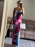 Uniwim  Printed Spaghetti Hot Backless Maxi Dress Women Fashion Slim Elegant Contrast Patchwork Halter Dresses Autumn Long Dress