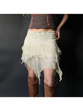 Woman Gauze Mini Elastic Waist Skirt Asymmetrical Pleated Simple Skirt Daily A-line Elegant Skirt Preppy Style Korean All-match