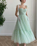 Uniwim Mint A-line Fairy Glitter Tulle Ankle Length Cocktail Dress Sweetheart Bow Straps Birthday Gown with Pockets WC9740