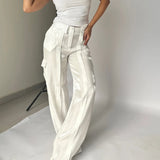 2024 Spring Bright Silk Wide Leg Pants for Women Elegant High Waist Zipper Trousers Autumn Solid Pocket Straight Pant Sweatpants