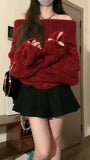 Uniwim Women Red Pullover Knitted Sweater Harajuku Y2k Long Sleeves Slash Neck Sweater Jumper Vintage 2000s Aesthetic Clothes 2024