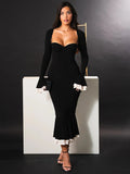 Uniwim Elegant Long Sleeve Sexy Maxi Dress For Women Gown Fashion Patchwork Square Collar Bodycon Evening Fishtail Dress