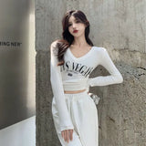 Uniwim Harajuku Letter Printing Crop Tops Women Korean V-Neck Long Sleeve White T Shirts Woman Sexy Slim Fit Y2K Short Tees