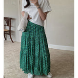 2024 New Arrival Summer Korean Style Women Loose Casual Print A-line Mid-calf Skirt Green Chiffon Patchwork Skirts V290