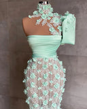 Uniwim Gorgeous Mint Green Single Sleeve High Collar Handmade 3D Flower Formal Occasion Dresses Mermaid Tulle Beaded Dubai Prom Dress