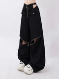 QWEEK Streetwear Cargo Pants Women Y2k Baggy Techwear Wide Leg Trousers Sexy High Waisted Hollow Out Gray Black Pantalones Mujer