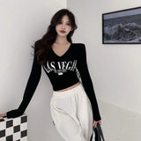 Uniwim Harajuku Letter Printing Crop Tops Women Korean V-Neck Long Sleeve White T Shirts Woman Sexy Slim Fit Y2K Short Tees