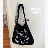 Uniwim Fashion Canvas Butterfly Print Crossbody Bag Retro Fairy Casual Shoulder Bag Korean Style Large Capacity All-match Commuter Bag