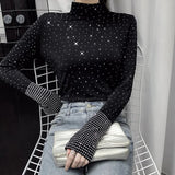 Women's Clothing New Fashion Ladies Diamonds Undercoat Solid Color Autumn Winter Long Sleeve Tops Slim T-Shirts Sexy Pullovers