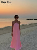 Uniwim Elegant Solid Backless Halter Long Dress Women Sexy Pleated Sleeveless Long Dresses Fashion Lady Beach Evening Party Vestidoes