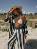 Uniwim Chic Solid Hollow Out Mesh Knitted Pants Set Lapel Long Sleeve Tops Wide Leg Pants 2 Pieces Sets 2024 Lady Beach Casual Suit