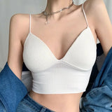 Uniwim Summer Ladies Camisole Slim Fit Sexy Stretch Push Up Bra with Chest Pads Knitted Crop Top Short Tube Top V-Neck Tops Bralette