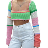 Uniwim Women Hollow Out Crochet Knit Crop Top Y2k Color Block Pullover Jumper Tops Long Sleeve Loose Tee Shirts 90S E Girl Streetwear