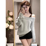 Uniwim Winter Women Casual Fake Two Pieces Knitwear Korean 2000s Vintage Cltohing Long Sleeve Sweater Gyaru Off Shoulder Jumpers Korean