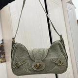 Uniwim Y2k Vintage Shoulder Bag American Street Style Rivets Green Canvas Handbag Gothic Punk Biker Cool Designers Underarm Bag